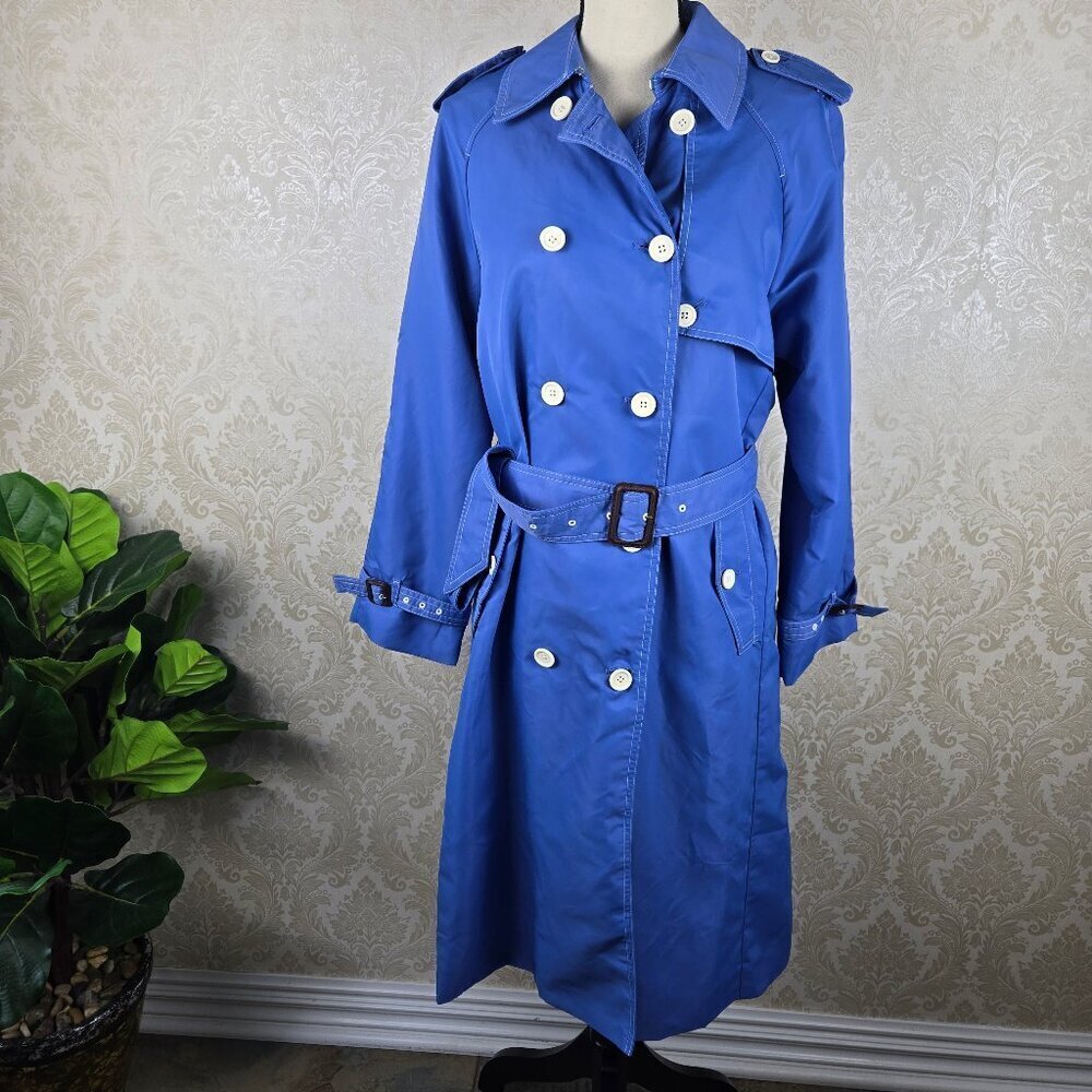 J Crew Size 4 Light Blue Trench Coat White Stitching Double Breasted Nylon Shell